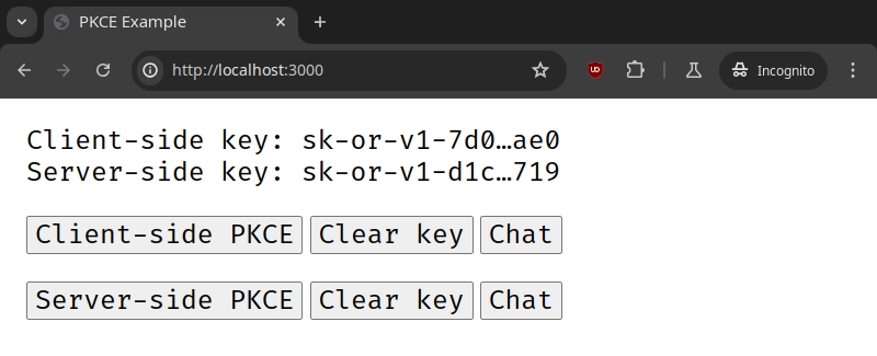 Screenshot of the demo application showing the results of successful client-side and server-side key exchanges