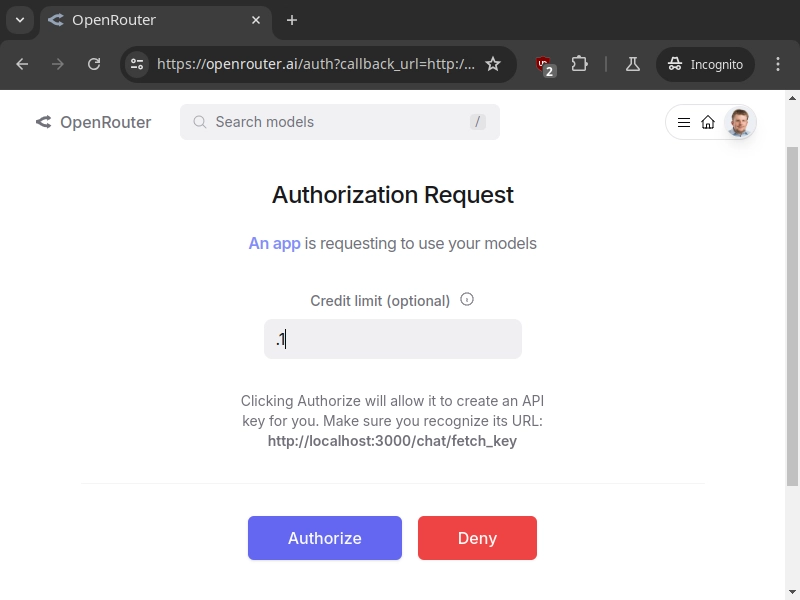 Screenshow shogin the OpenRouter.ai Authorization Request interface, where we can set a credit limit for our new key