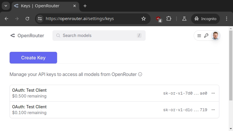 Screenshot showing the OpenRouter.ai API key management interface with spending limits